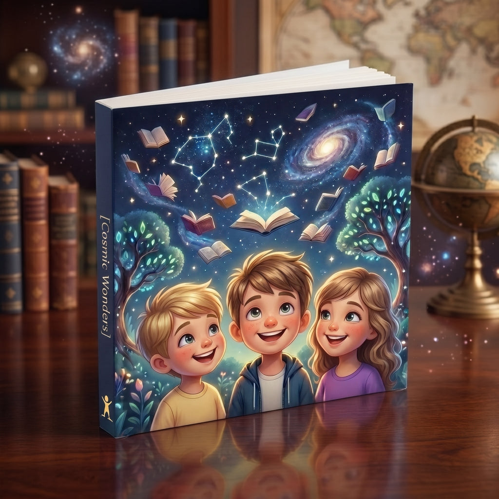 Softcover personalized children's book cover with three child heroes