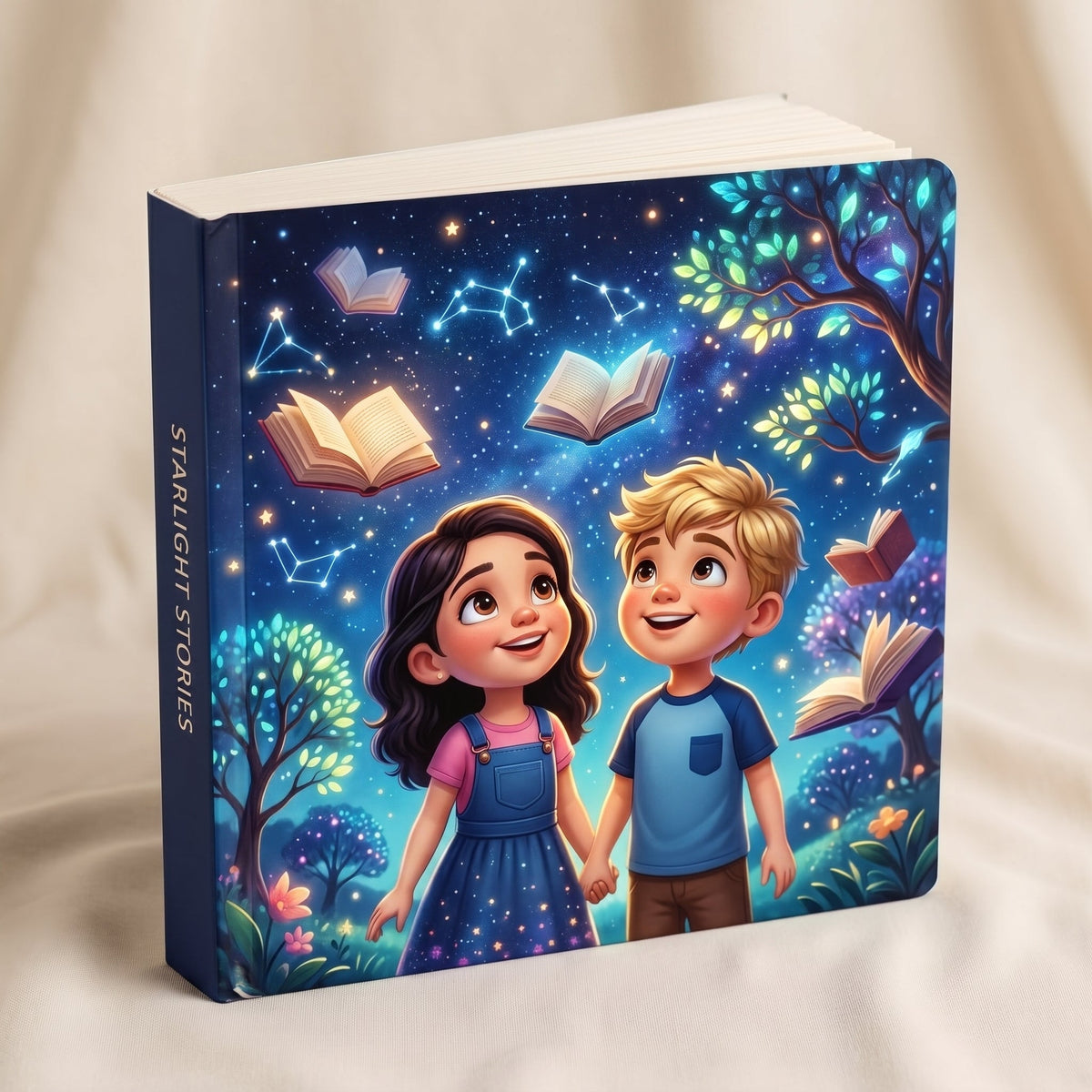 Softcover personalized children's book cover with two child heroes