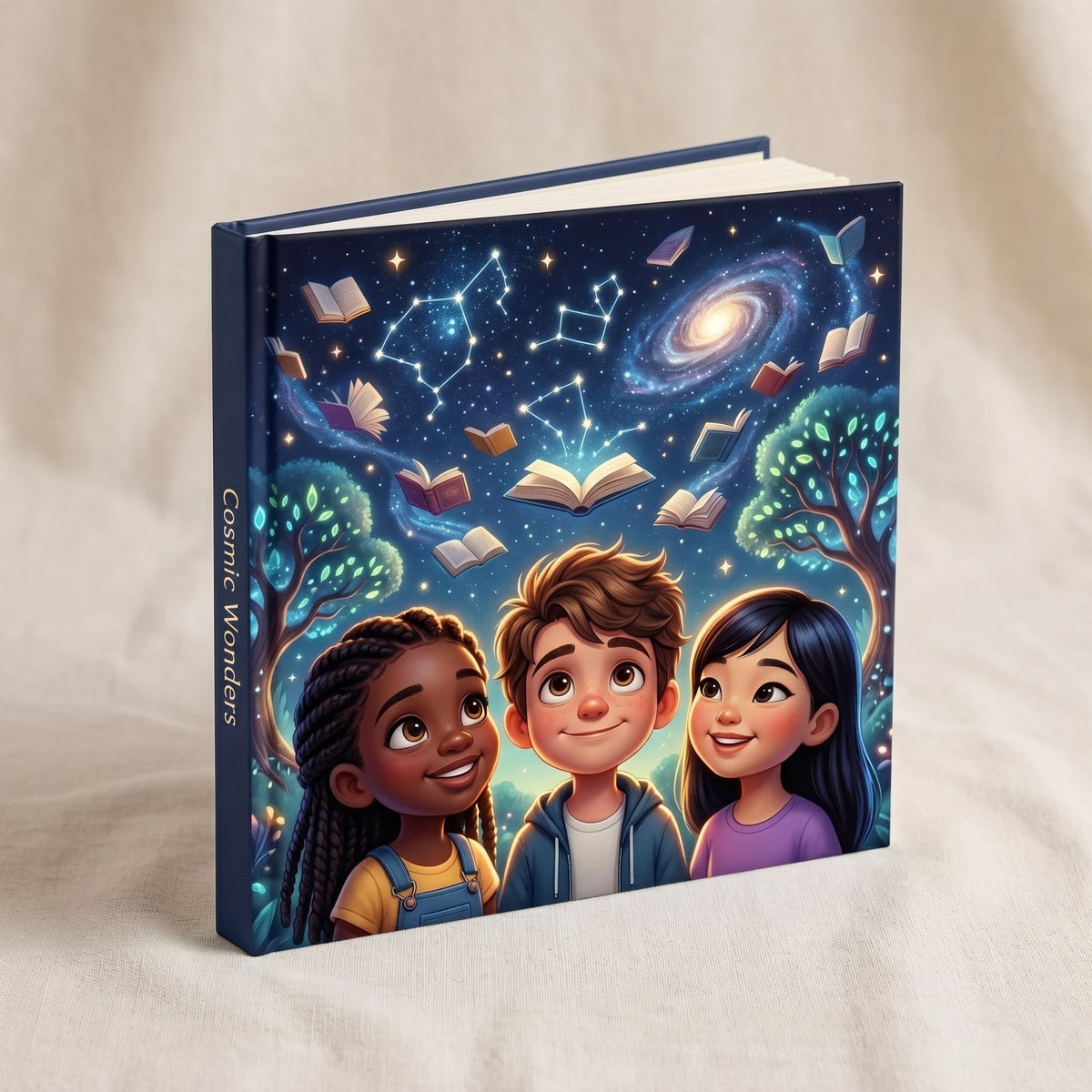 Personalized children's book cover with three child heroes
