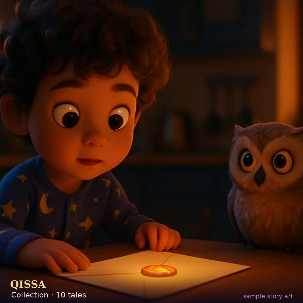 3D animated storybook art — a child in star pajamas and an owl beside a glowing letter.