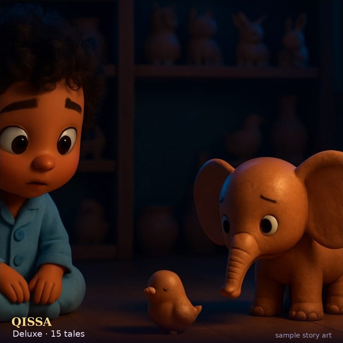 3D animated storybook art — a child with a clay elephant and bird in a pottery room.