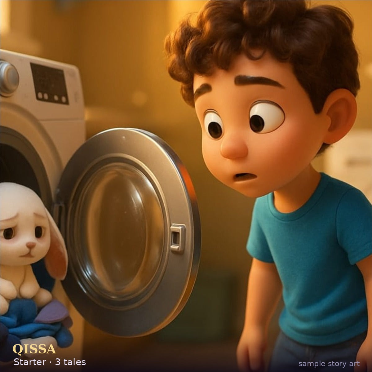 3D animated storybook art — a young child and a small white bunny by a washing machine.